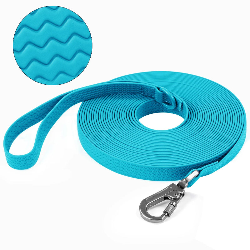 Blue dog leash with textured handle and metal clip on a white background