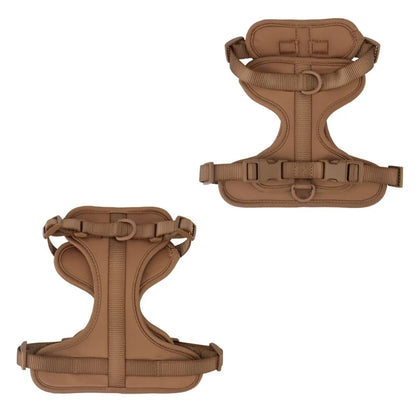 Brown dog harness shown from front and back on a white background