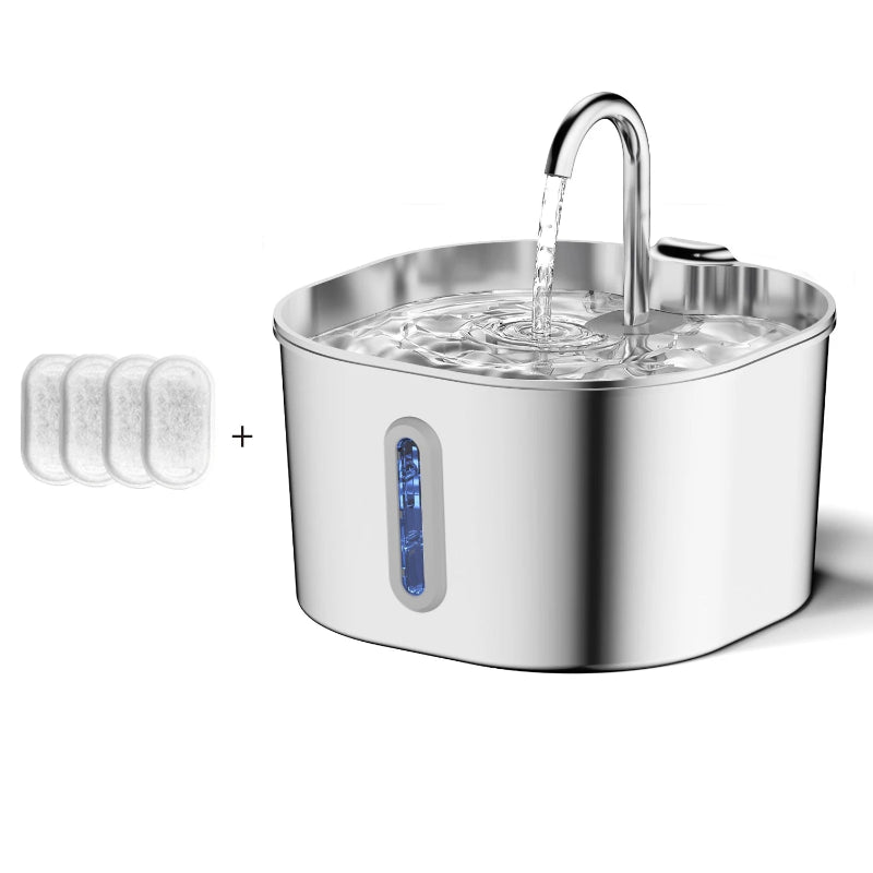 Stainless steel pet water fountain with four filter chips on a white background