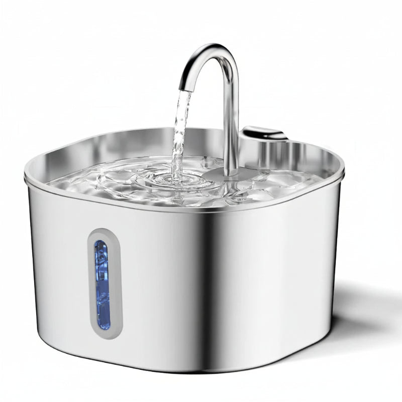 Metallic pet water fountain with water flowing