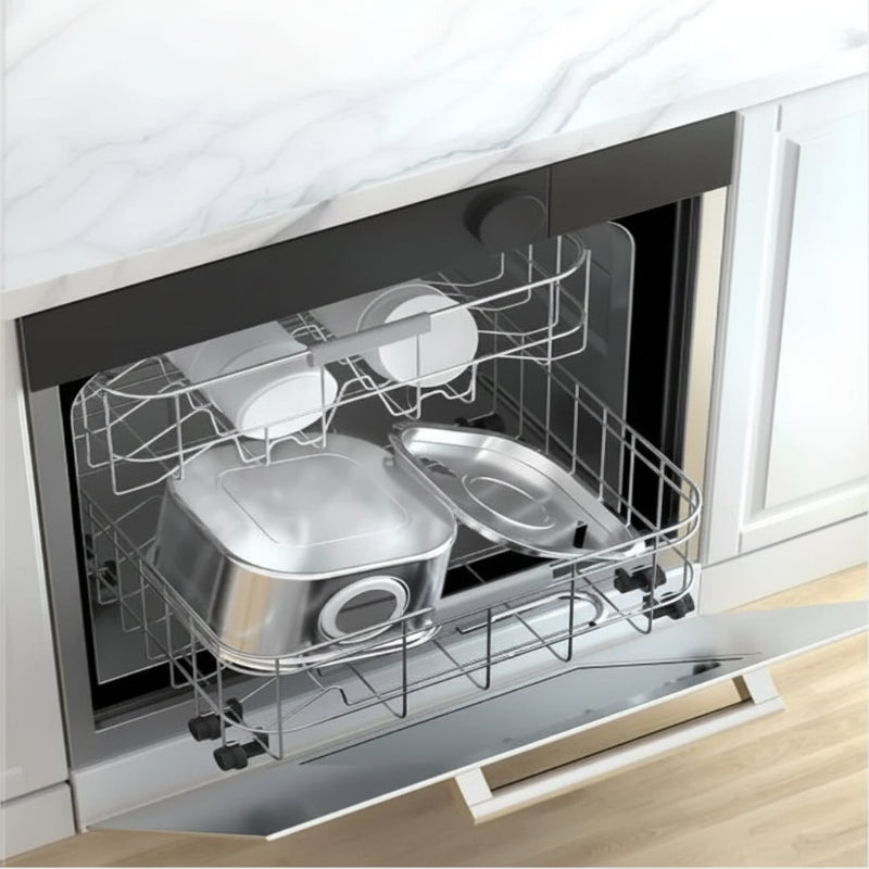 Dishwasher with open door showing clean dishes and pet water fountain inside.