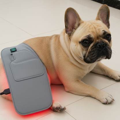 Dog lying on a gray floor with a black device emitting red light.