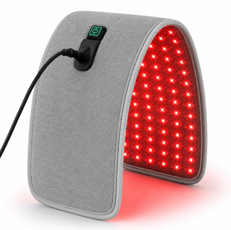 Gray electronic device with red LED lights on a white background